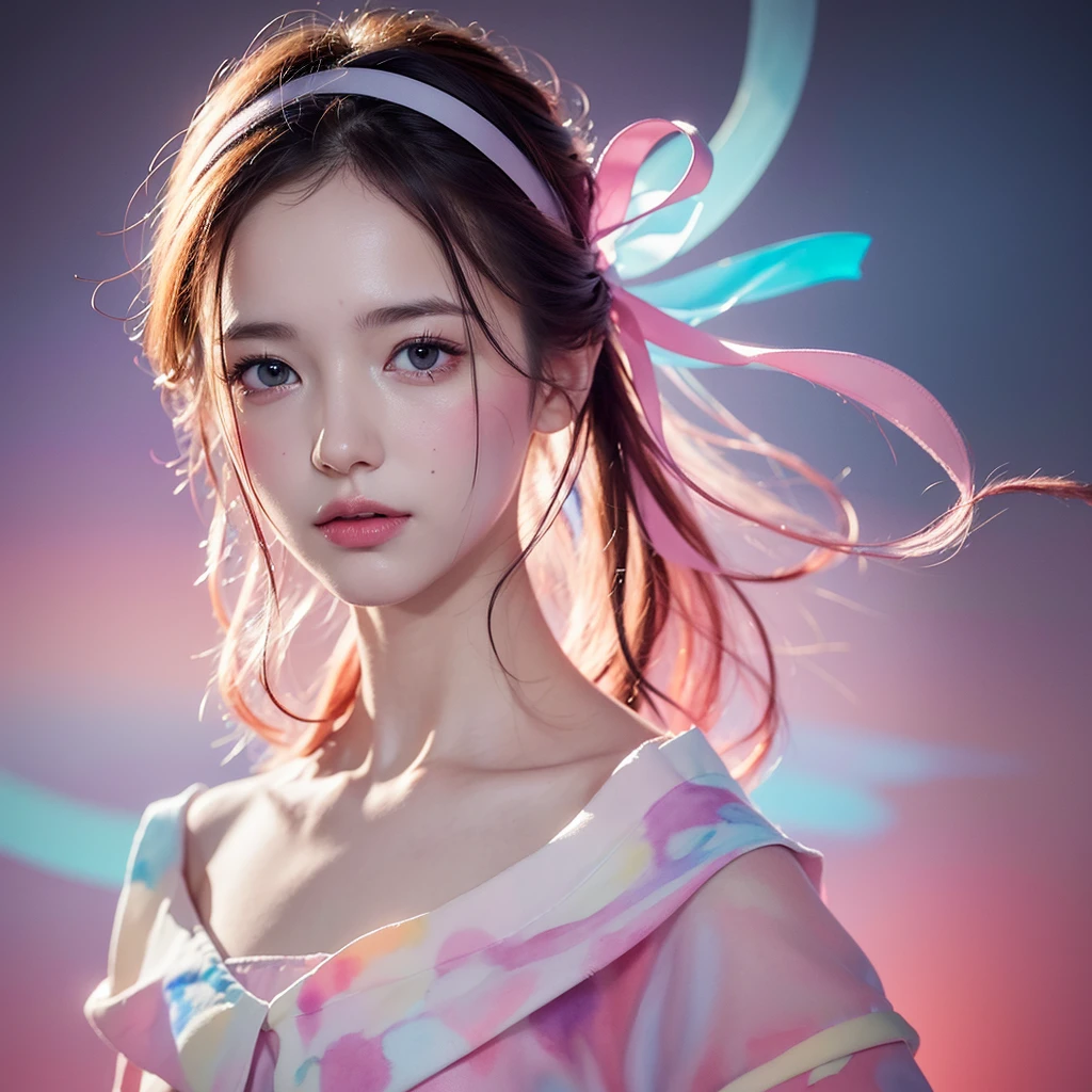 (8k, best quality, masterpiece:1.2),(best quality:1.0), (ultra highres:1.0), watercolor, a beautiful woman, shoulder, hair ribbons, by agnes cecile, half body portrait, extremely luminous bright design, pastel colors, (ink:1.3), autumn lights,