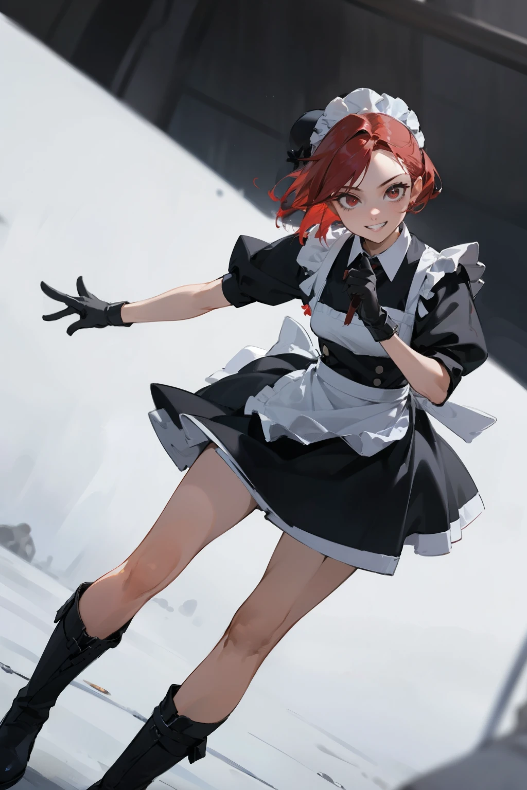 (masterpiece), ((best quality)), (super detailed), (beautiful eyes beautiful details eyes, Clean and delicate face), knee shot, solo, grin, Red bob hair, red eyes, (maid fashion, white brim), thigh, black gloves, black army boots, fighting stace