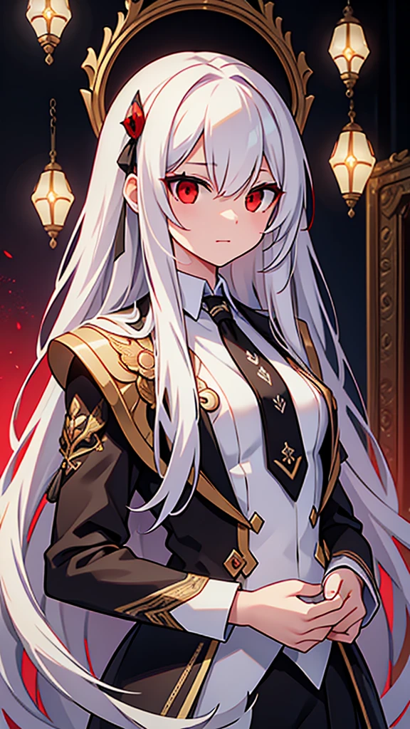 ((masterpiece)),((best quality)),32K,high detail,Extremely detailed,Intricate details,A girl,(White long straight hair:1.3),Positive face,(Red Eyes:1.3),((tie)),((Black suit)),messy hair,hair strand,Hair flip,19th century style,Empire Style,Romanticism,Neoclassicism,Gothic art,Anime style,Cinematic lighting