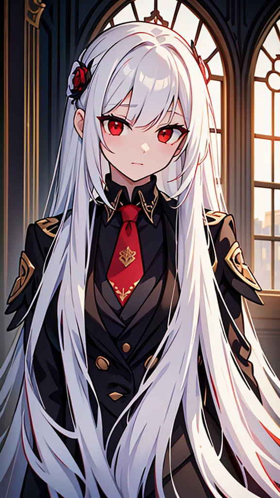 ((masterpiece)),((best quality)),32K,high detail,Extremely detailed,Intricate details,A girl,(White long straight hair:1.3),Positive face,(Red Eyes:1.3),((tie)),((Black suit)),messy hair,hair strand,Hair flip,19th century style,Empire Style,Romanticism,Neoclassicism,Gothic art,Anime style,Cinematic lighting