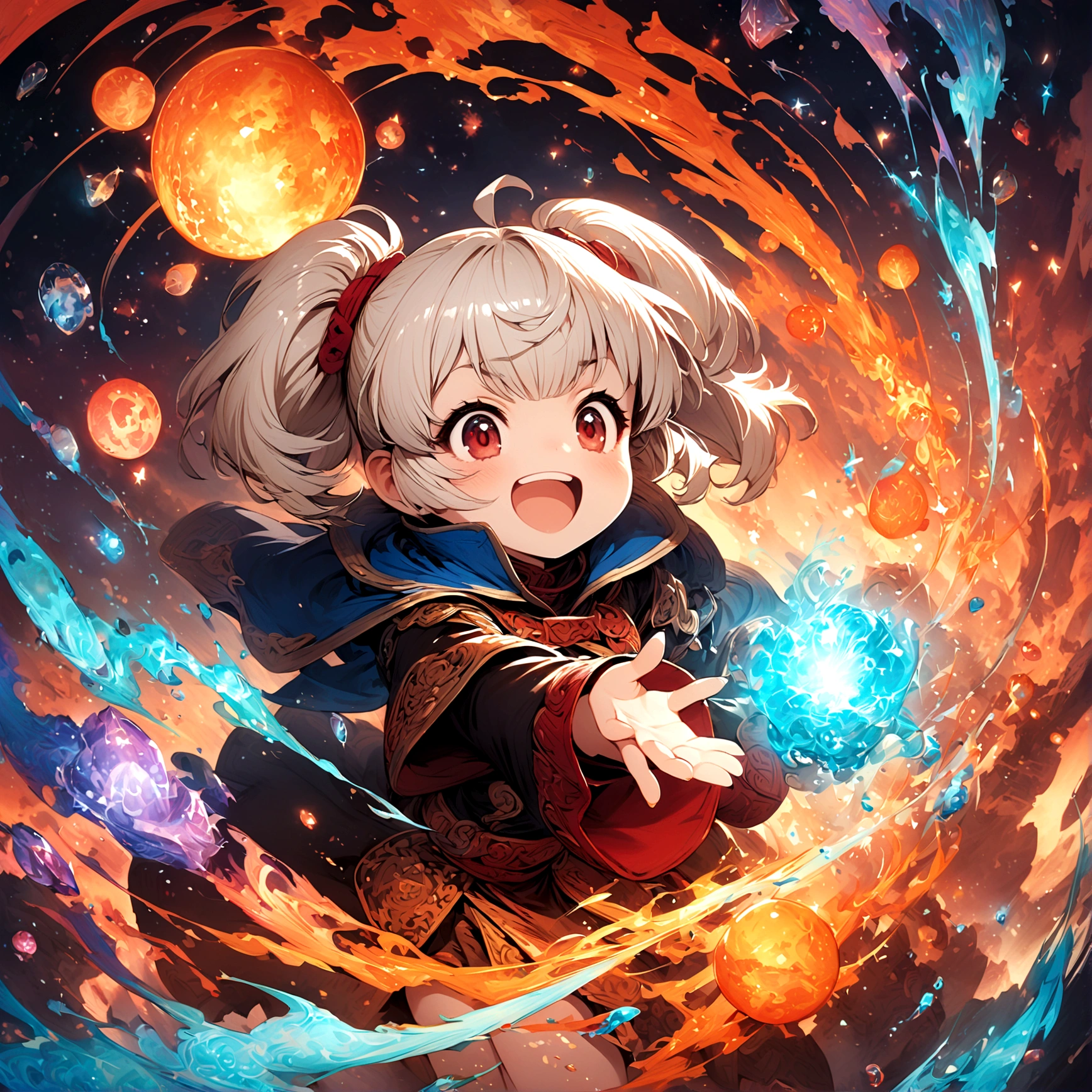 1girl,shantotto,final fantasy,Intricate details,Wide range of colors,artwork,rendering,Little,Laughing out loud,Silver Hair,Use magic,Magic Effects,Create artistic backgrounds,Meteor,a meteorite is falling,
