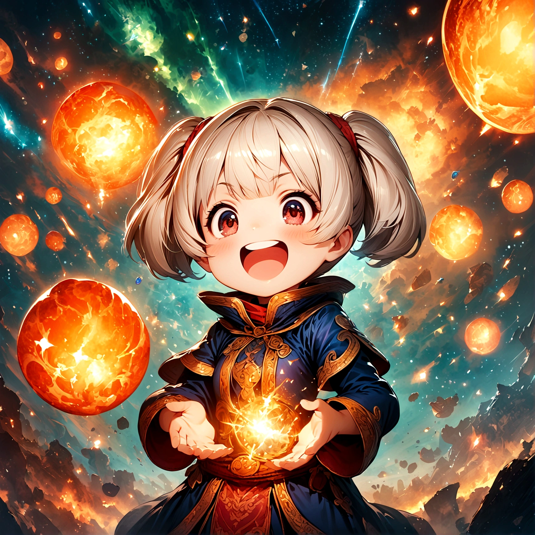 1girl,shantotto,final fantasy,Intricate details,Wide range of colors,artwork,rendering,Little,Laughing out loud,Silver Hair,Use magic,Magic Effects,Create artistic backgrounds,Meteor,a meteorite is falling,