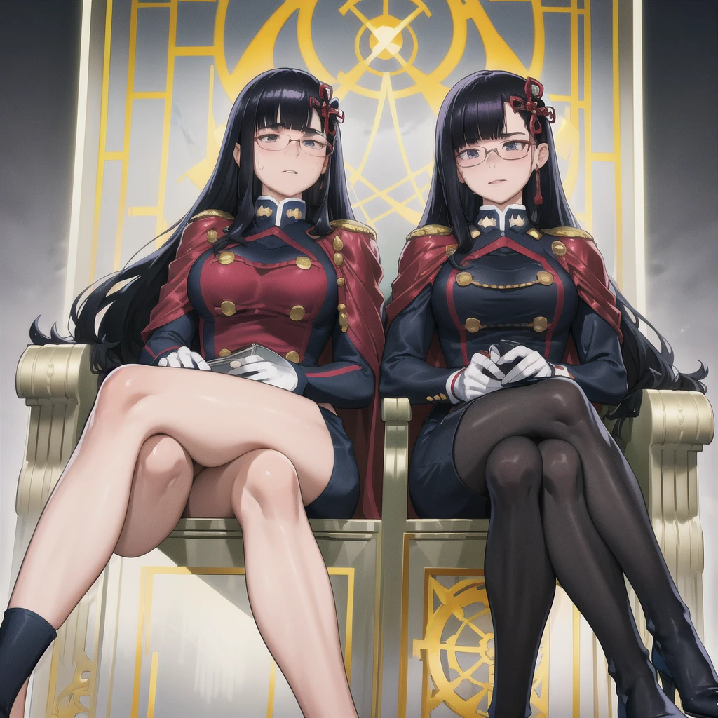 masterpiece, best quality, absurdres, YamashiroRen, blunt bangs, hair ornament, torn and ripped military uniform after a fight, epaulettes, white gloves, red cape, black pantyhose, sitting, throne, crossed legs, reading glasses, large thighs, large breasts, part of chest visible, sweating, 