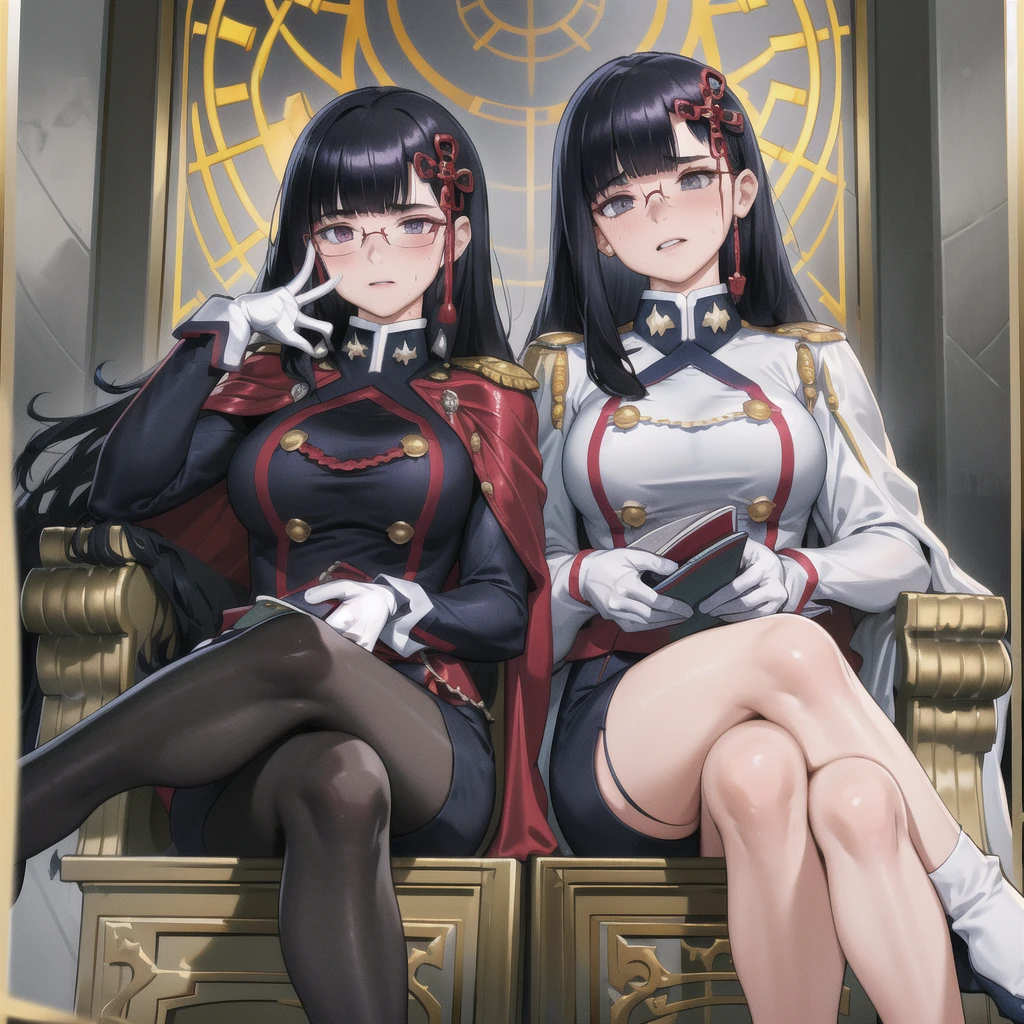 masterpiece, best quality, absurdres, YamashiroRen, blunt bangs, hair ornament, torn and ripped military uniform after a fight, epaulettes, white gloves, red cape, black pantyhose, sitting, throne, crossed legs, reading glasses, large thighs, large breasts, part of chest visible, sweating, 