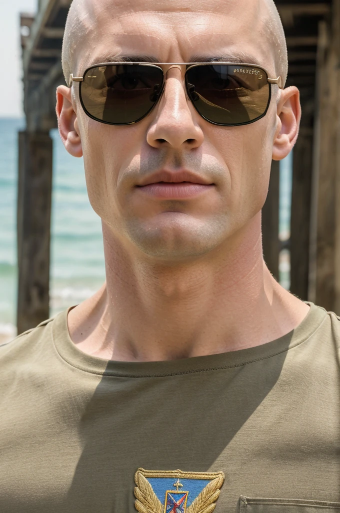 ((8k ((best quality)), ((masterpiece)), (very detailed), real face bald male muscular male soldier upper body wear t-shirt sunglasses on pier