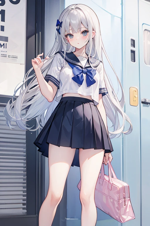 1 school girl, silver hair, summer, Summer clothes, crop tee, mini skirt, whole body