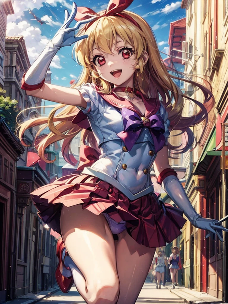 a cartoon girl that is singing and pointing to her face with both hands, 1girl, solo, blonde hair, long hair, skirt, red eyes, standing on one leg, standing, standing split, hoshimiya ichigo, cosplay, smile, sailor senshi uniform, split, open mouth, underwear, gloves, choker, panties, sky, cloud, bow, sailor collar, looking at viewer, :d, red skirt, red choker, white gloves, leg up, hairband, purple bow, red hairband,Ichigo Hoshimiya (Aikatsu!),sama1, tiara, sailor senshi uniform, white gloves, red sailor collar, red skirt, star choker, elbow gloves, pleated skirt, bare legs, purple bow