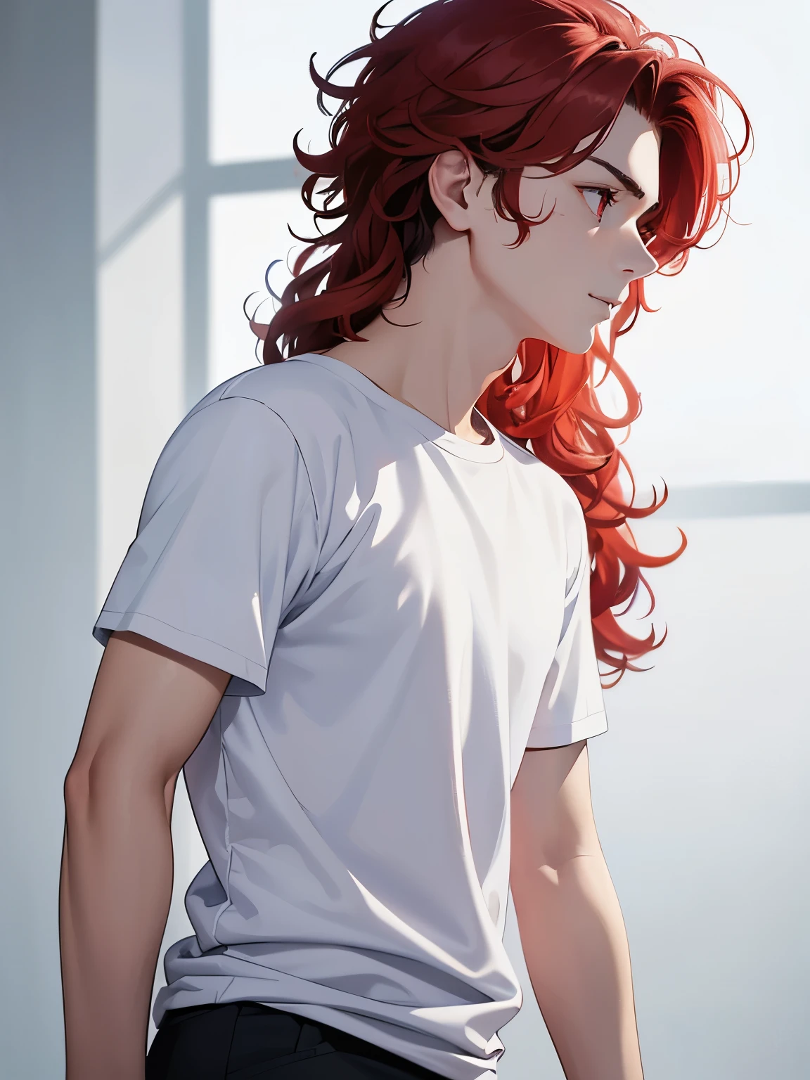 1boy,18 years old,Facing right, camera angle from the side, photo from the side, looking away,cool,slight smile,middle parted hairstyle,Standing facing backwards,talking,Curly hair, red hair, red eyes, long hair, vampire, handsome,,close up photo,White t-shirt,Short sleeve t-shirt,,black trousers