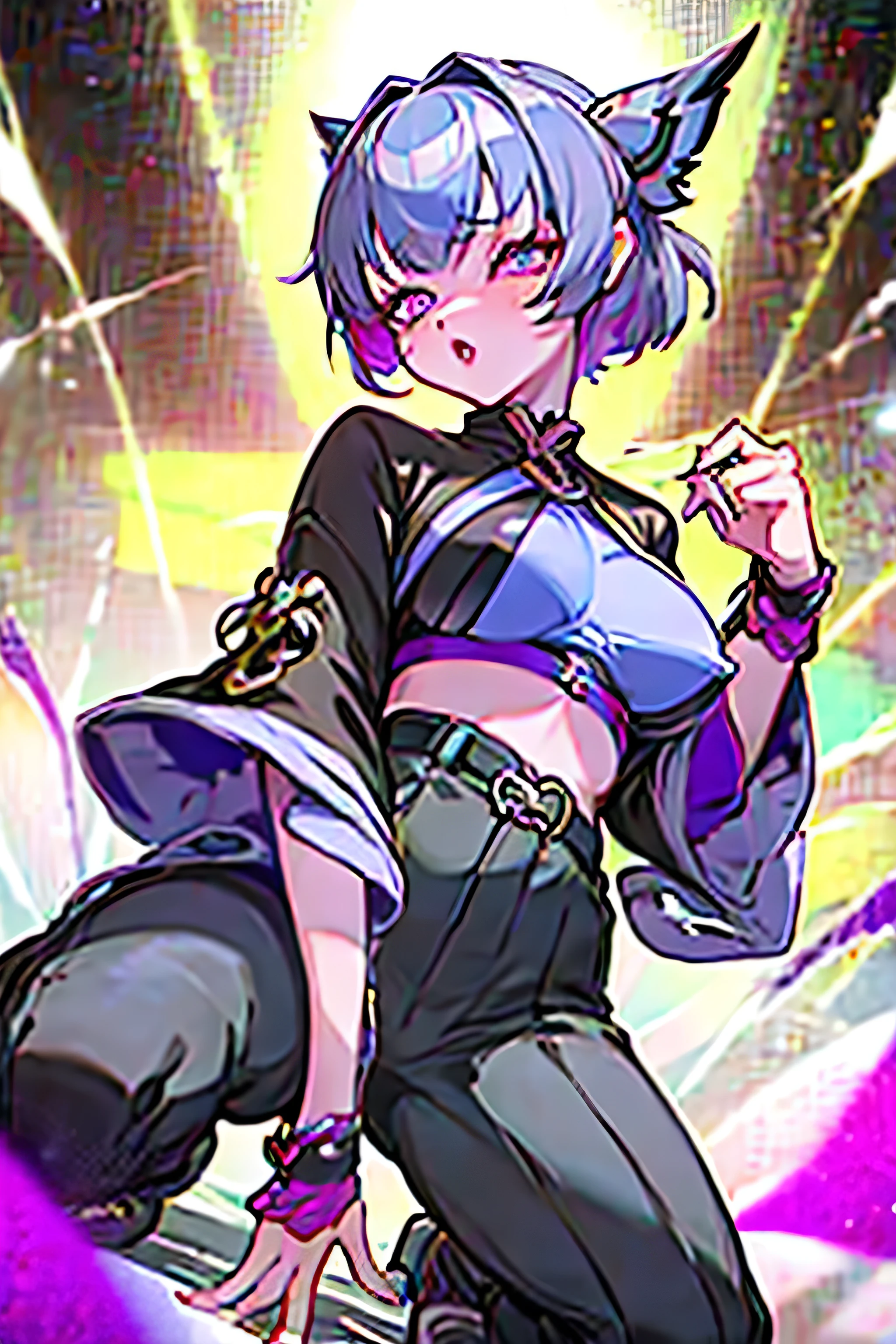 1girl, solo, kochou shinobu, butterfly hair ornament, purple eyes, multicolored hair, short hair, parted bangs, haori, wide sleeves, long sleeves, black pants, black jacket, belt,orgasm,heart shaped pupils,long tongue,large breasts,pointy breasts,