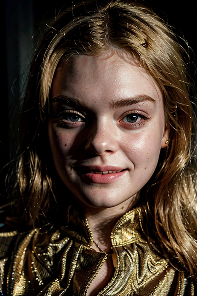 portret of elle fanning. Dark background, bright light up front, detailed face, face tilted to the left, cute smile, blonde hair