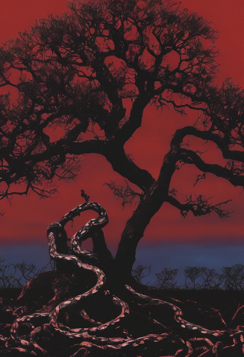 tree with snakes in front of red sky