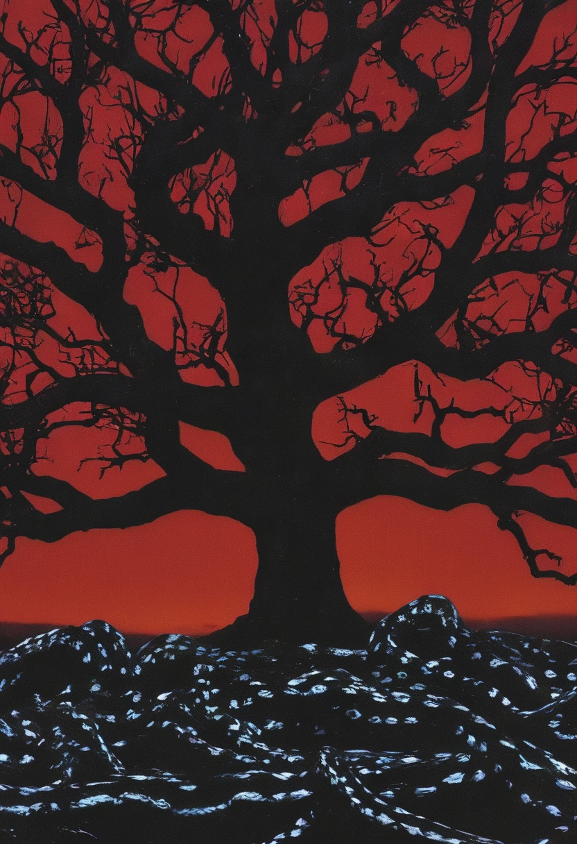 tree with snakes in front of red sky