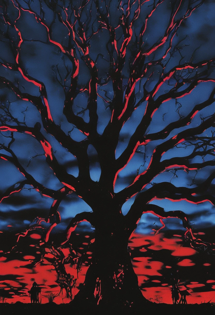 tree with snakes in front of red sky