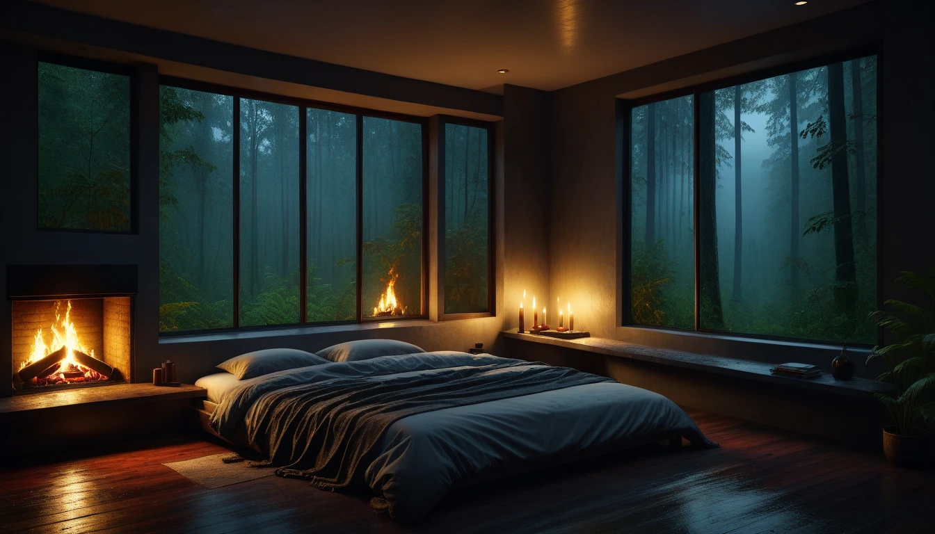 Bedroom view with fire in the fireplace in the room, large windows overlooking the forest, quiet night. original image, rainy day. original rendering, rainy night, gloomy cinematic lighting, atmosphere. digital painting, moody cartoon scenes, dramatic lighting. cinematic, cinematic,concept art, atmospheric shots, gloomy weather. hyperrealistic, atmospheric rendering, rainy night, huge forest, cinematic, 4k, ultra hd,atmospheric and gritty details, beautiful and cinematic lighting, rainforest
