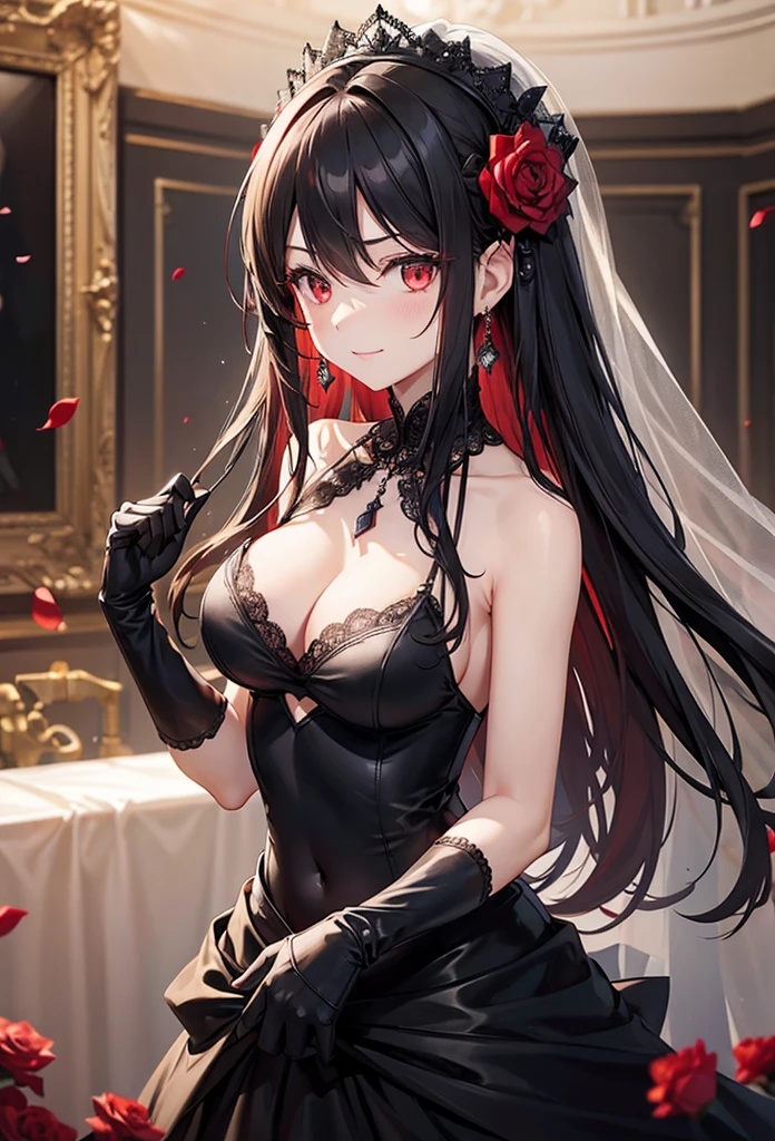 slender, mature female, 1girl, rating:safe, gloves, breasts, earrings, elbow_gloves, dress, long_hair, jewelry, flower, red_hair, solo, black_gloves, rose, cleavage, red_eyes, smile, looking_at_viewer, red_flower, red_rose, navel, large_breasts, black_dress, indoors, bare_shoulders, navel_cutout, very_long_hair, veil, light_particles, red_dress, bangs, eyebrows_visible_through_hair, blush, center_opening, sleeveless, blurry, hair_flower, closed_mouth, hair_ornament, sleeveless_dress, lace, petals, hand_up, hair_between_eyes, standing, black_rose, black_flower, brooch, rose_print, light_rays, depth_of_field, necklace