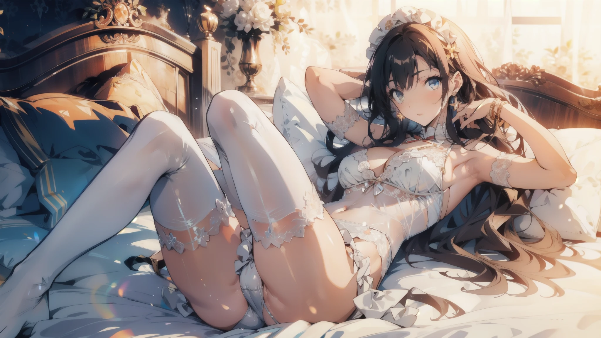 ((masterpiece, best quality)), Delicate face，Maid，whole body，Long legs，Large ，Gradient long wavy hair，Perfect body proportions，Pretty golden eyes，Extremely beautiful，transparent， Pure white background，Lying on the bed，Erotic_ie，Sexy_Bikini，L，Garter stockings