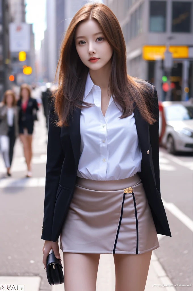 the most beautiful face of a 20 year old actress, perfect proportions of female body, blazer is worn on shirt, female crotch between bare legs, seeable panties with the very short skirt, in the city, standing, nsfw, best quality, highly detailed, masterpiece, ultra high res, photo realistic, 8k
