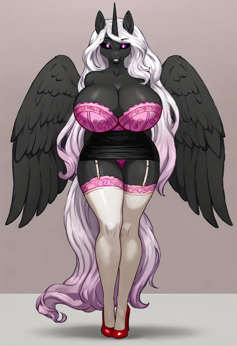 Alicorn princess, white mane,black sclera ,black body color long flowing mane pink smile eyes anthro thighs huge breasts , white thigh highs high heels
Too hot for teacher black skirt suit sexy beautiful body ,high heels lingerie ,showing panties