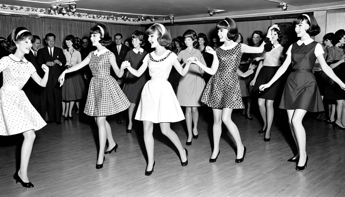 Neat and cute women in 1960s fashion、Dancing、Real