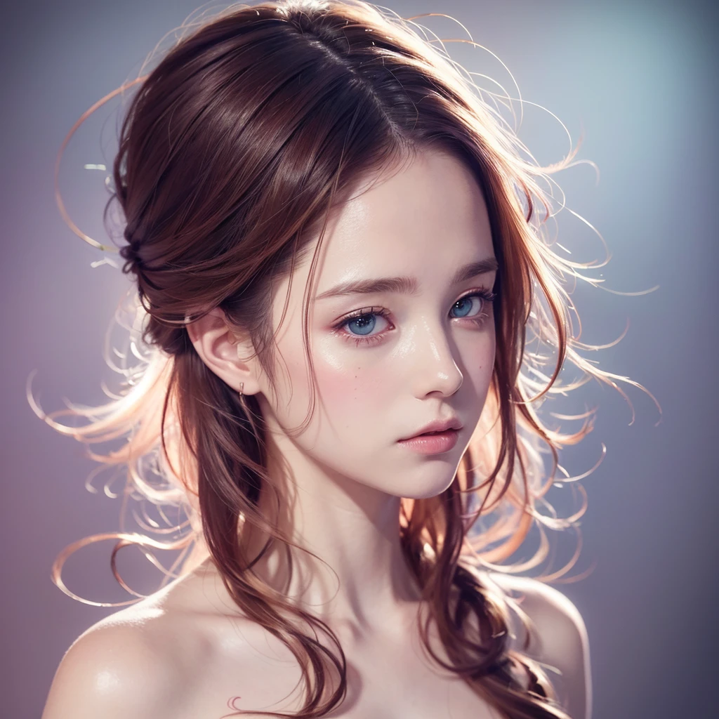 (8k, best quality, masterpiece:1.2),(best quality:1.0), (ultra highres:1.0), watercolor, a beautiful woman, shoulder, hair ribbons, by agnes cecile, half body portrait, extremely luminous bright design, pastel colors, (ink:1.3), autumn lights,