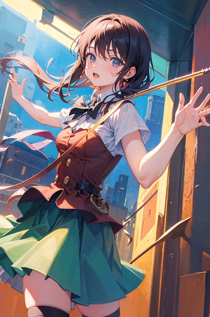 anime girl dancing and playing violin under a mystical sky