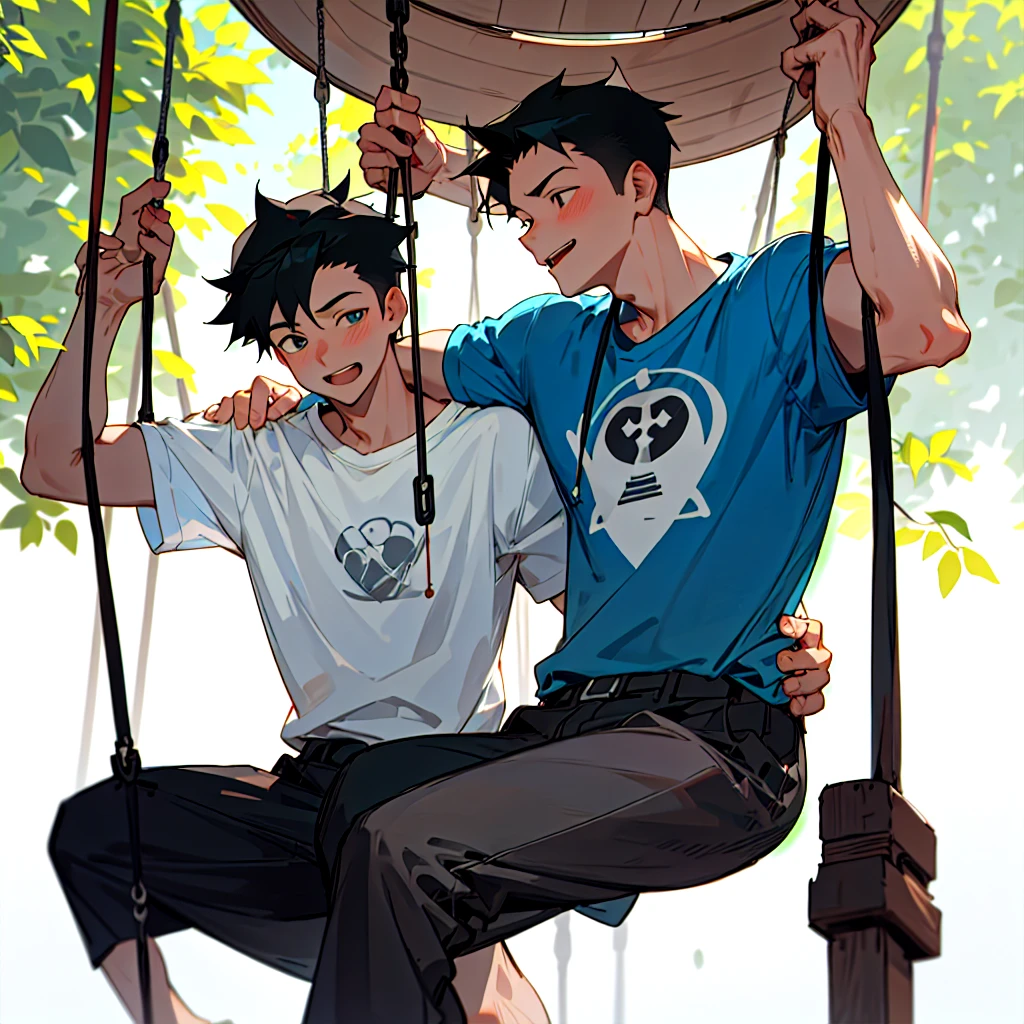 Make a photo of father and son siting in a swing and wearing a t shirt named papa and the son named as harshit