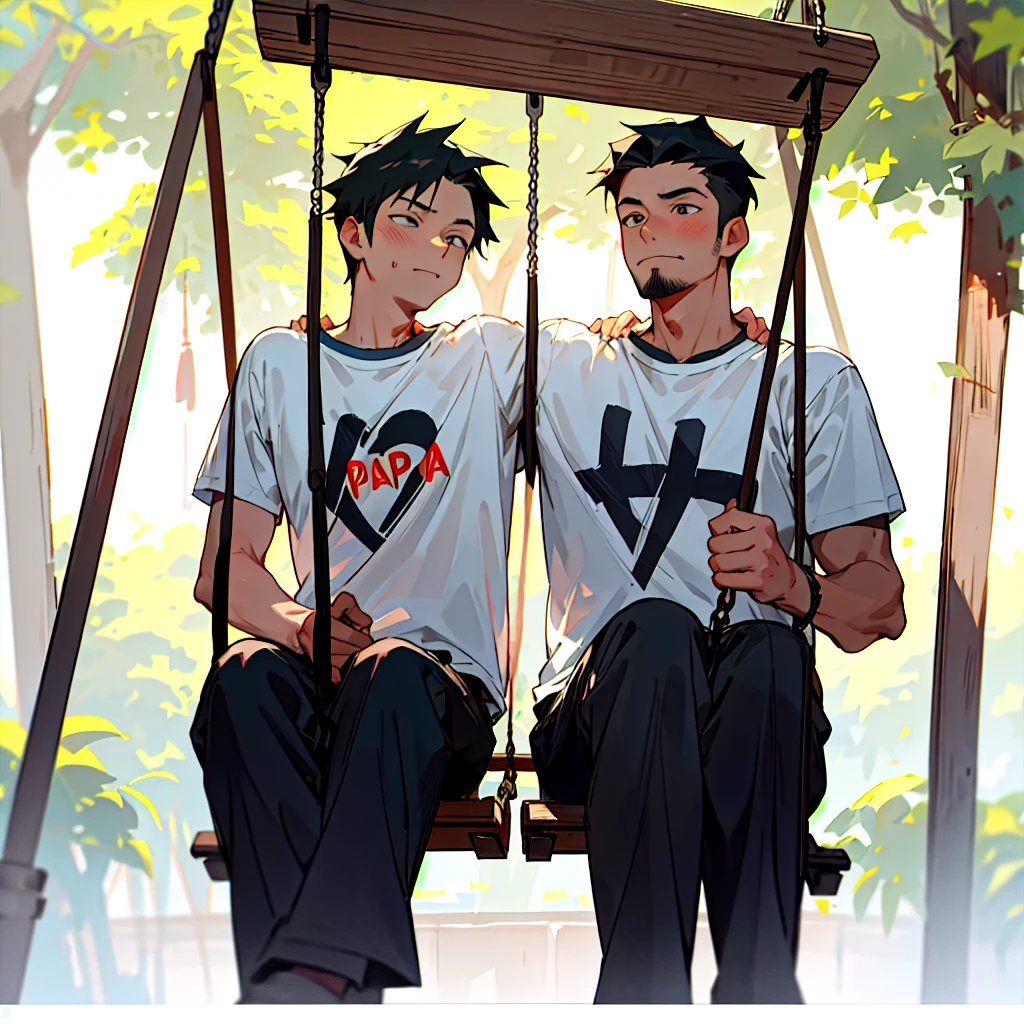 Make a photo of father and son siting in a swing and wearing a t shirt named papa and the son named as harshit