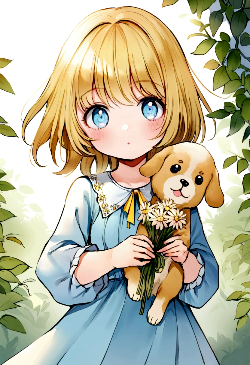 fundo branco, desenho aquarela, a little 2 year old girl holding flowers with a puppy by her side, the  is blonde with light blue eyes, wears a blue peasant dress with a large yellow bow
