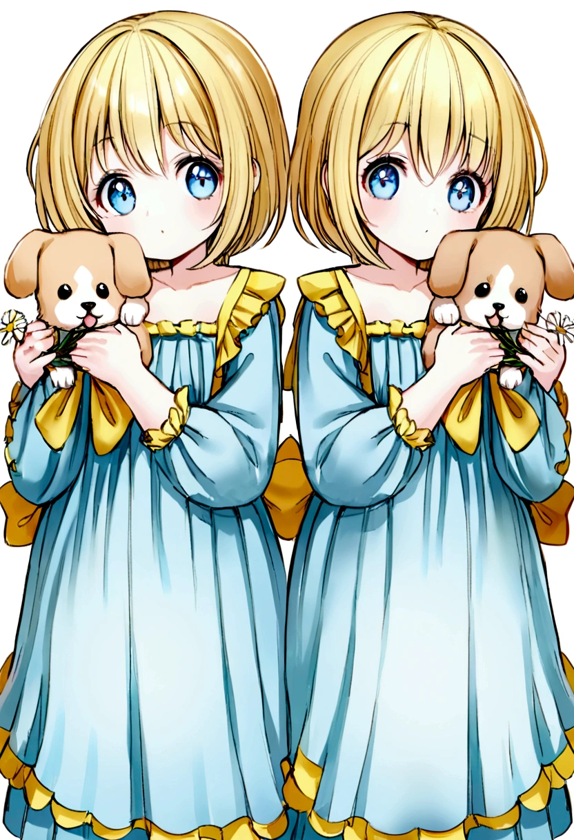 fundo branco, desenho aquarela, a little 2 year old girl holding flowers with a puppy by her side, the is blonde with light blue eyes, wears a blue peasant dress with a large yellow bow
