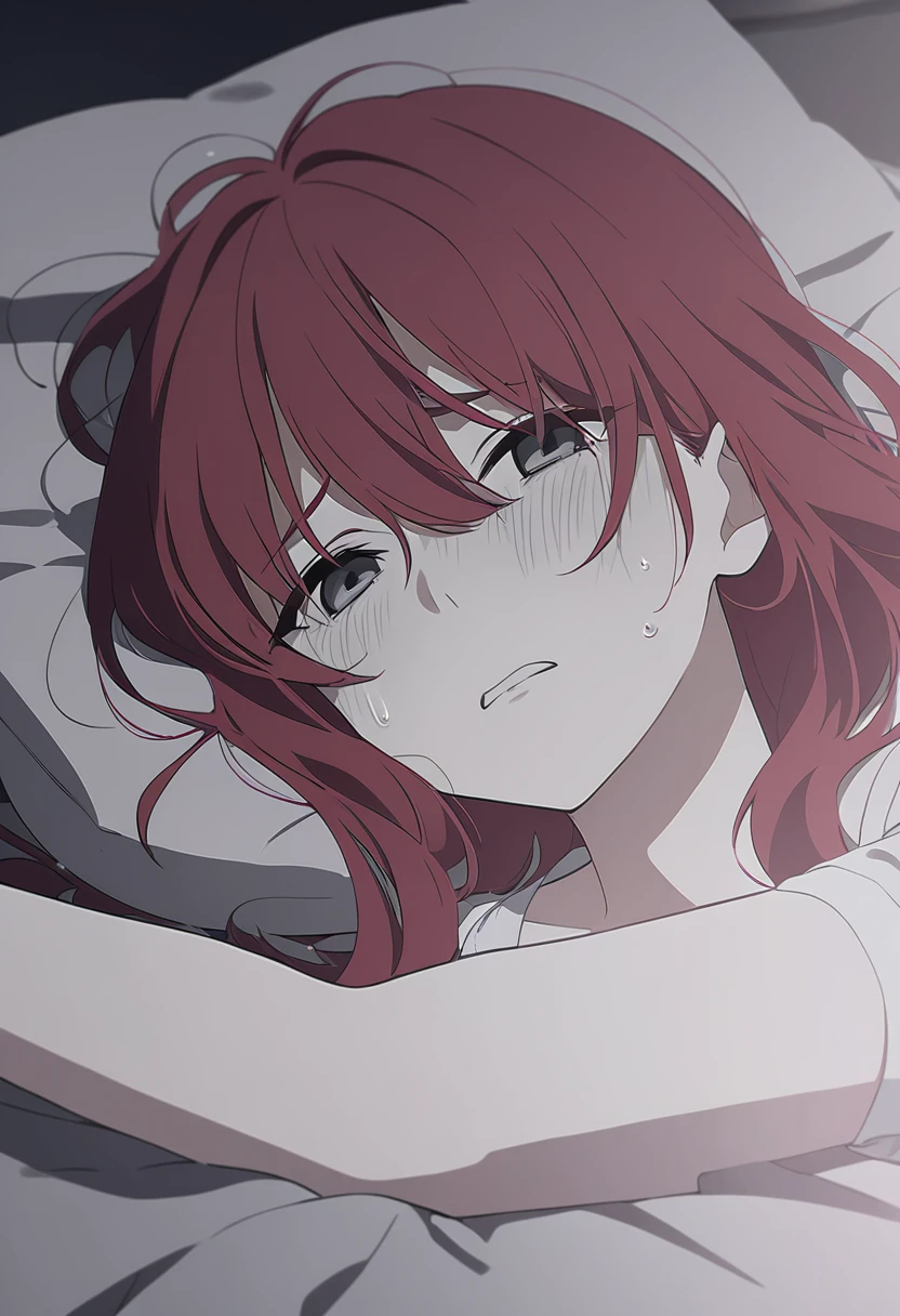 young woman, 21 years old, lying in bed, gray sad tones, the pain of parting, Red hair, only in branded underwear.