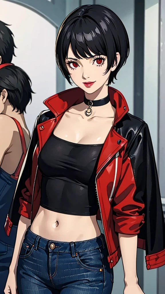 1 girl, Red eyes, very Short hair, black choker, lipstick, cowboy shot, smile, black hair, female , tomboy Pixie haircut, bandeau, jacket, jeans, cowboy shot