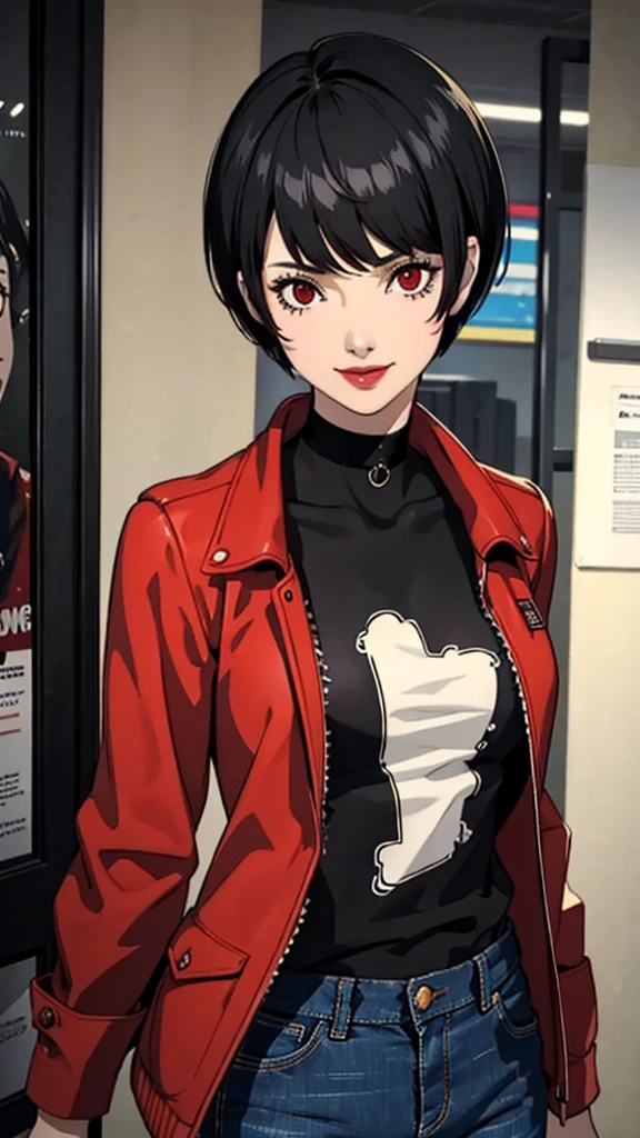 1 girl, Red eyes, very Short hair, black choker, lipstick, cowboy shot, smile, black hair, female , tomboy Pixie haircut, bandeau, jacket, jeans, cowboy shot