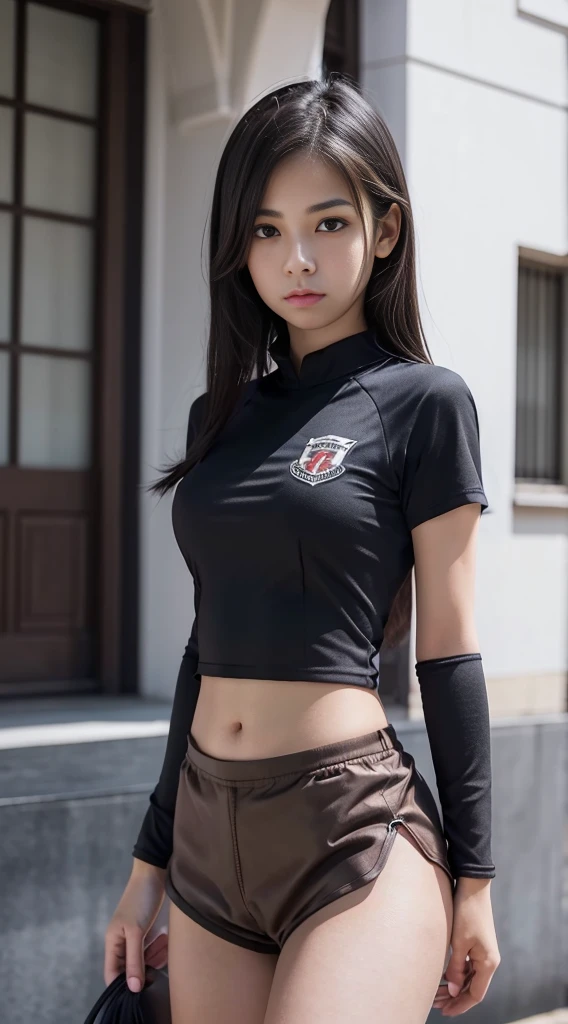 Highest quality、Highest quality、16K quality、Highly detailed figure、Highly detailed face、Highly detailed eyes、Highly detailed nose、Highly detailed facial expressions、Highly detailed full body、Being in reality、16-year-old girl、main character、white、Short sleeves、Round neck、The school emblem is on the left chest.、Gymnastics uniform T-shirt、Dark blue shorts、Gym shorts、Close to the skin、Tight、16 year old girl's breasts、Full body photo、Are standing、Emphasizes the beauty of thigh muscles、Full body photo、black tights、School classroom、Front view