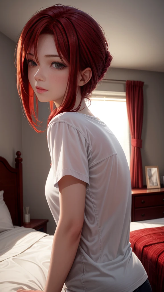 red-haired woman, description of relief upon waking, modern era, casual clothing, bedroom, woman waking up with calm expression, morning light bedroom background, medium shot, hyper-realistic, photo realism, cinematography