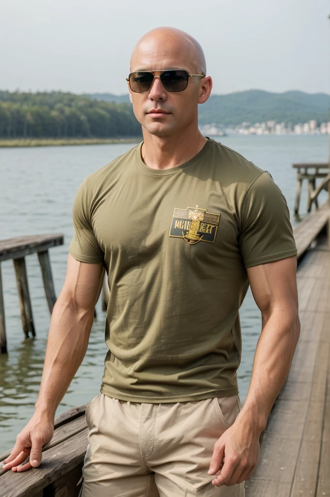 ((8k ((best quality)), ((masterpiece)), (very detailed), real face bald male muscular male soldier upper body wear t-shirt sunglasses on fishing pier