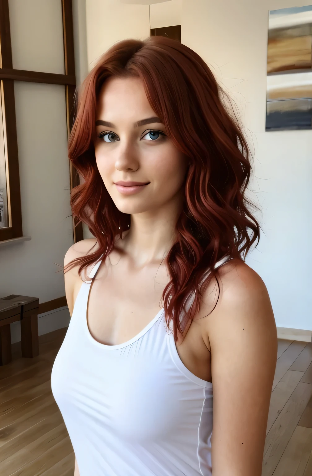 une femme, 25 ans, poitrine moyenne, wavy red hair, yeux verts, debout dans son salon, slightly transparent white tank top, Bronze