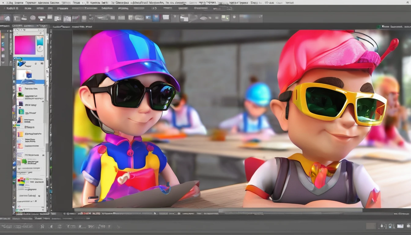 There is a group of graphic design workers, many men and women with various appearances (bright faces, handsome or pretty, or interesting features), cute and realistic in 3D format. There are icons about the scene. Icons or logos of Graphic Design programs such as Adobe Photoshop, Illustrator, InDesign, image editing and design. and there is a font in the middle of the word (For hire for all types of photo editing) Bright colors, cute 3D characters, realistic virtual images.