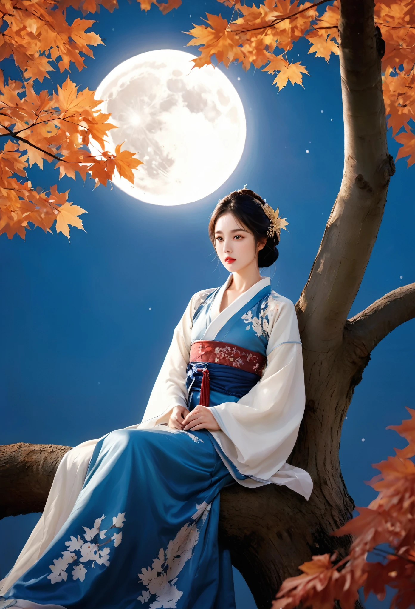 (masterpiece, best quality:1.2), full moon,A huge moon,moonlight,1girl,Girl's posture,autumn,autumn leaves,black hair,branch,breasts,falling leaves,in tree,Sitting on the trunk of a tree,Close range,Diagonal body,full body,Blue Hanfu,night,leaf,lips,long sleeves,looking at viewer,maple leaf,outdoors,sitting in tree,solo,tree,water
