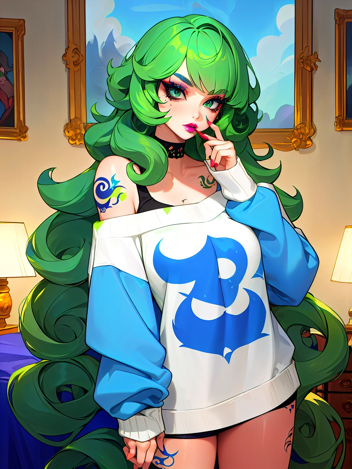 masterpiece, adult, green hair, blue themed room, woman with green to blue ombre hair, lipstick, tattoos, bangs, curly hair, eye shadow, smoky eyes, smokey eyes, sweatshirt, off the shoulder, very long hair