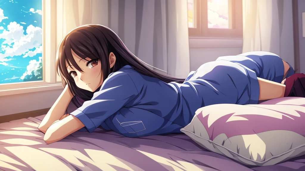 anime girl laying on bed with head on pillow in front of window, 4 k manga wallpaper, anime art wallpaper 8 k, 4k anime wallpaper, anime art wallpaper 4 k, anime art wallpaper 4k, anime style 4 k, anime background, anime background art, makoto shinkai cyril rolando, anime wallpaper 4k, anime wallpaper 4 k