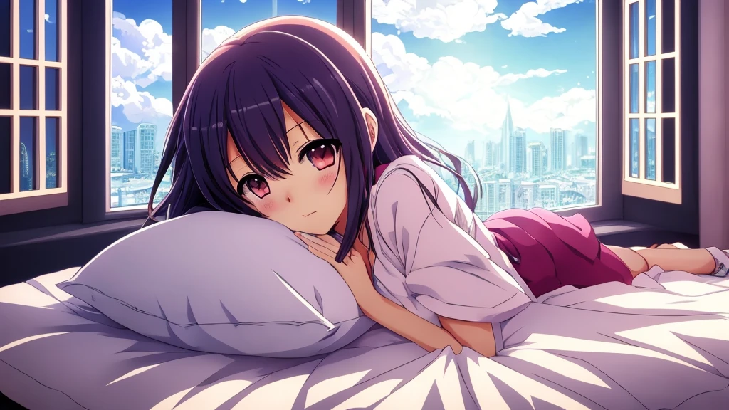 anime girl laying on bed with head on pillow in front of window, 4 k manga wallpaper, anime art wallpaper 8 k, 4k anime wallpaper, anime art wallpaper 4 k, anime art wallpaper 4k, anime style 4 k, anime background, anime background art, makoto shinkai cyril rolando, anime wallpaper 4k, anime wallpaper 4 k