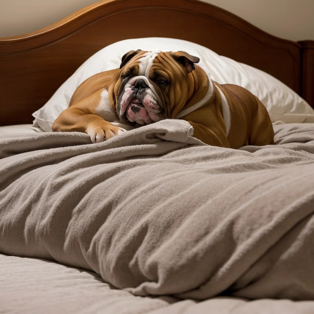 Bulldog sleeping in a king-sized bed