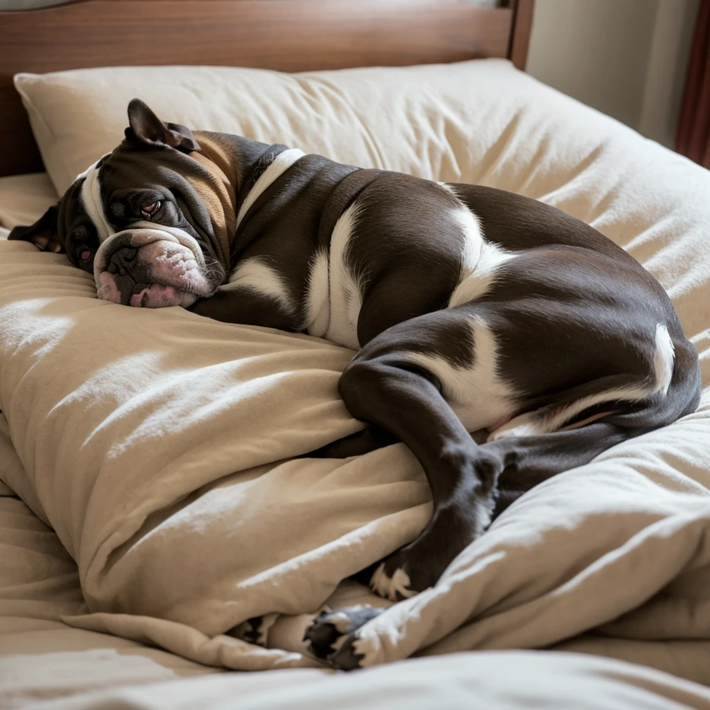 Bulldog sleeping in a king-sized bed