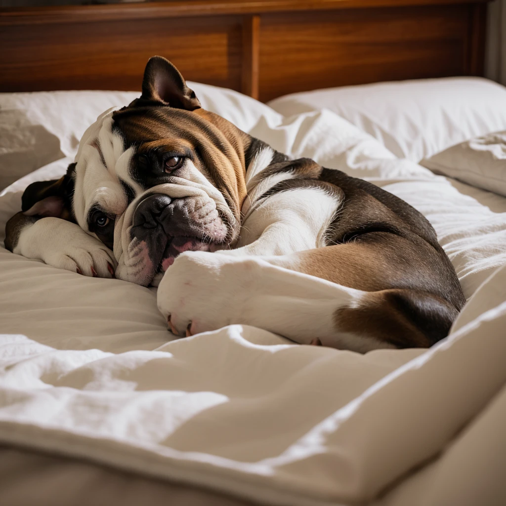 Bulldog sleeping in a king-sized bed