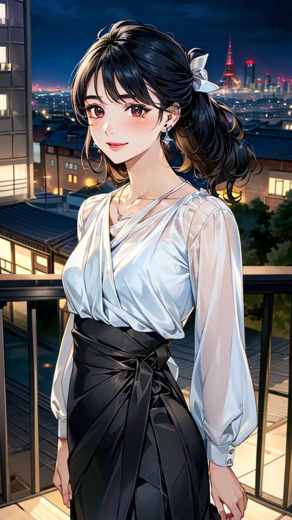 (masterpiece:1.3, Highest quality, Ultra-high resolution, Super detailed), (Realistic, photoRealistic:1.4), Beautiful illustrations, Perfect lighting, colorful, Depth of written boundary, 
Beautiful detailed hair, Beautifully detailed face, Beautiful fine details, Beautiful clavicle, Beautiful body, 美しいLarge Breasts, Beautiful thighs, Beautiful feet, Beautiful fingers, 
View Viewer、Front view:0.6, Beauty1人, Japanese, Beauty、30 years old, Perfect Face, (Perfect Anatomy, Anatomically correct), Cute and symmetrical face, Baby Face, , Shiny skin, 
((Sheer blouse:1.4)), ((Wrap Around Skirt:1.5))、
(Black Hair, Medium、Updo Hair:1.4),  Dark brown eyes, (Large Breasts), Slim body, 
necklace, (Small earrings:1.3), 
(Beautiful views), (night), (city, cityscape in the distance), Standing with good posture, A soft smile、(Smile, Lips parted), 