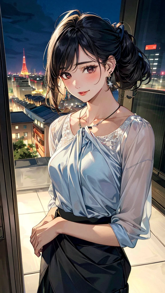 (masterpiece:1.3, Highest quality, Ultra-high resolution, Super detailed), (Realistic, photoRealistic:1.4), Beautiful illustrations, Perfect lighting, colorful, Depth of written boundary, 
Beautiful detailed hair, Beautifully detailed face, Beautiful fine details, Beautiful clavicle, Beautiful body, 美しいLarge Breasts, Beautiful thighs, Beautiful feet, Beautiful fingers, 
View Viewer、Front view:0.6, Beauty1人, Japanese, Beauty、30 years old, Perfect Face, (Perfect ???????, Anatomically correct), Cute and symmetrical face, Baby Face, , Shiny skin, 
((Sheer blouse:1.4)), ((Wrap Around Skirt:1.5))、
(Black Hair, Medium、Updo Hair:1.4),  Dark brown eyes, (Large Breasts), Slim body, 
necklace, (Small earrings:1.3), 
(Beautiful views), (night), (city, cityscape in the distance), Standing with good posture, A soft smile、(Smile, Lips parted), 