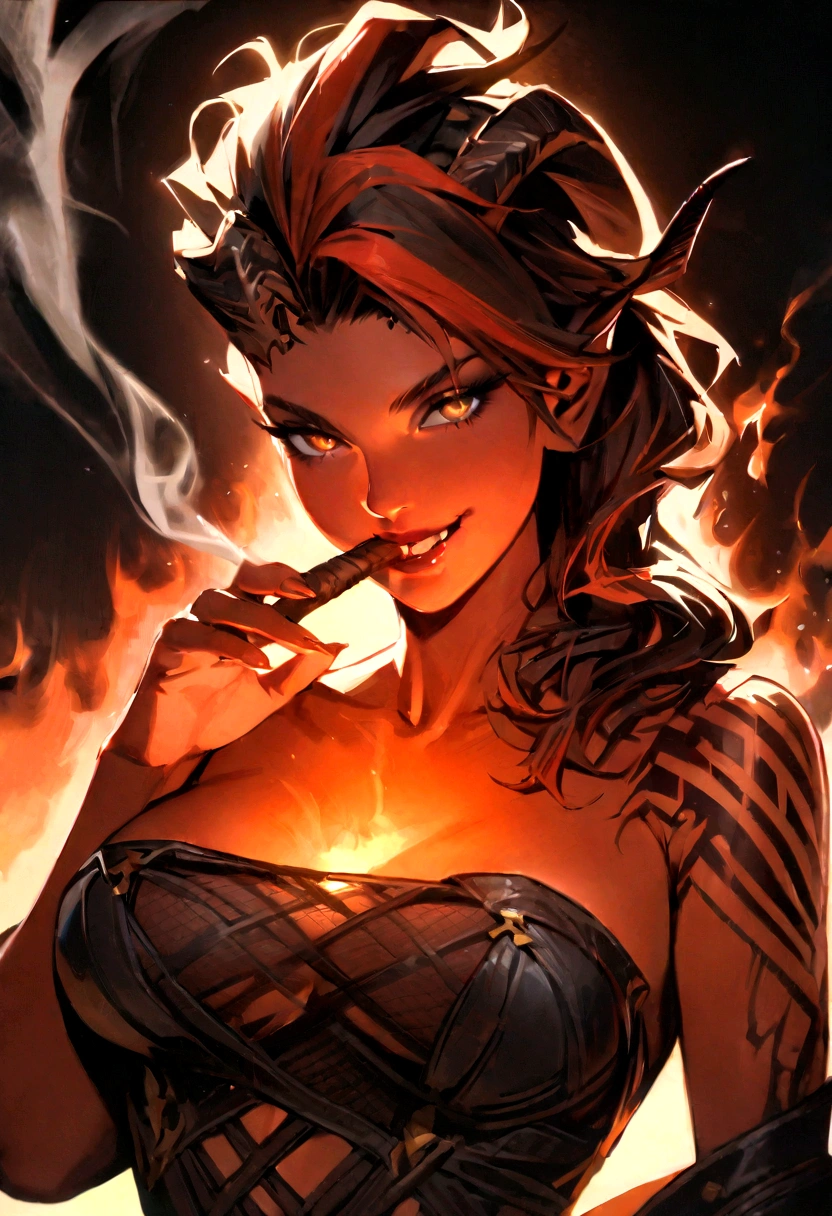 Full body portrait, 1girl, solo, Karlach, demon girl, demon horns, streaked hair, collarbone, busty, sheer panties, fingernails, smile, smoking, cigar, smoke, smoke trail, portrait, fire, pyrokinesis, beautiful lighting, black background, masterpiece, best quality, very aesthetic, absurdres, 