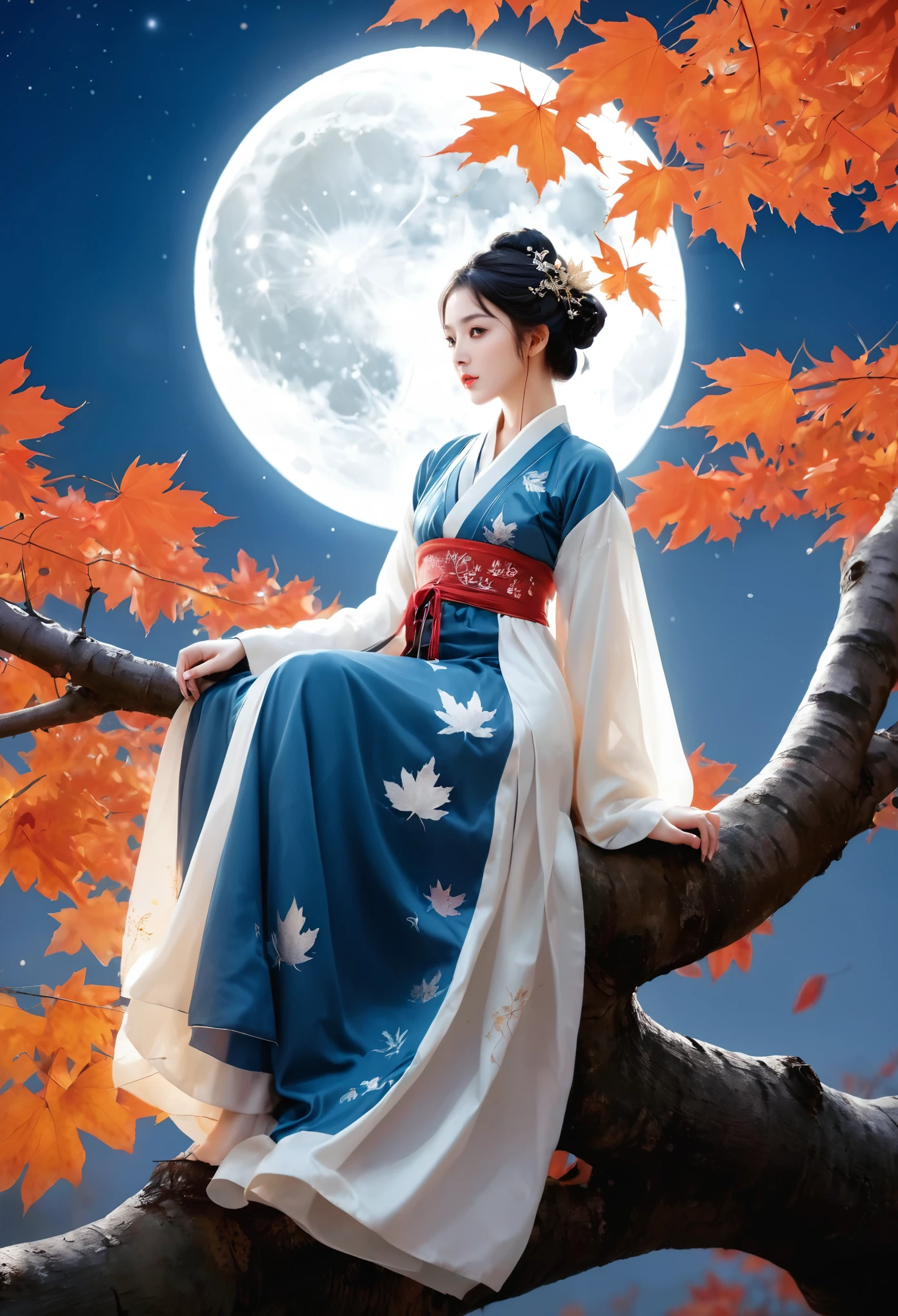 (masterpiece, best quality:1.2), full moon,A huge moon,moonlight,1girl,Girl's posture,autumn,autumn leaves,black hair,branch,breasts,falling leaves,in tree,Sitting on the trunk of a tree,Close range,Diagonal body,full body,Blue Hanfu,night,leaf,lips,long sleeves,looking at viewer,maple leaf,outdoors,sitting in tree,solo,tree,water
