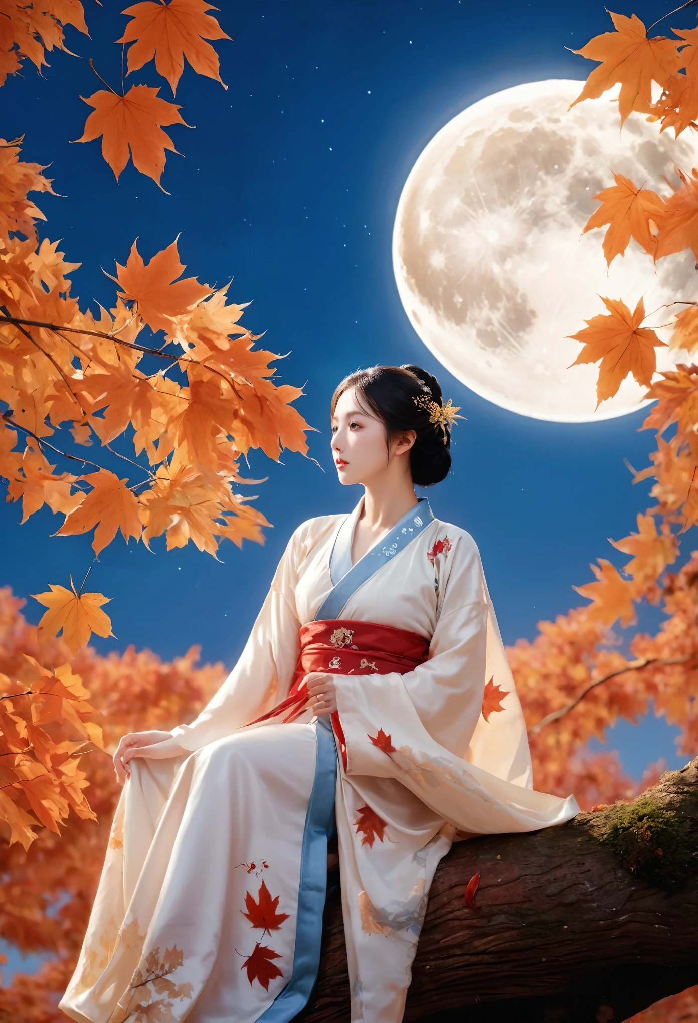 (masterpiece, best quality:1.2), full moon,A huge moon,moonlight,1girl,Girl's posture,autumn,autumn leaves,black hair,branch,breasts,falling leaves,in tree,Sitting on the trunk of a tree,Close range,Diagonal body,full body,Blue Hanfu,night,leaf,lips,long sleeves,looking at viewer,maple leaf,outdoors,sitting in tree,solo,tree,water
