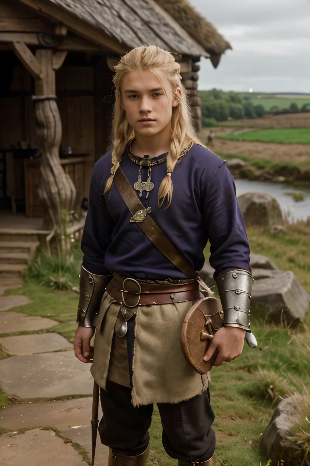 England, 878. A young ((((16-year-old)) Uhtred)), viking boy, fierce, ((((viking clothings from the 870s)))), ((blonde hairstyle of the 870s)), ((colorful, Monet))